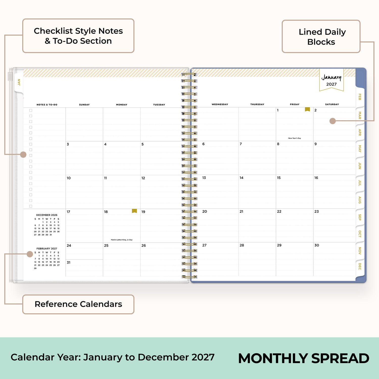 2027 monthly spread featuring ample lined writing space for each date, notes section, reference calendars, and monthly tabs