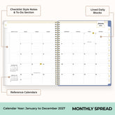 2027 monthly spread featuring ample lined writing space for each date, notes section, reference calendars, and monthly tabs