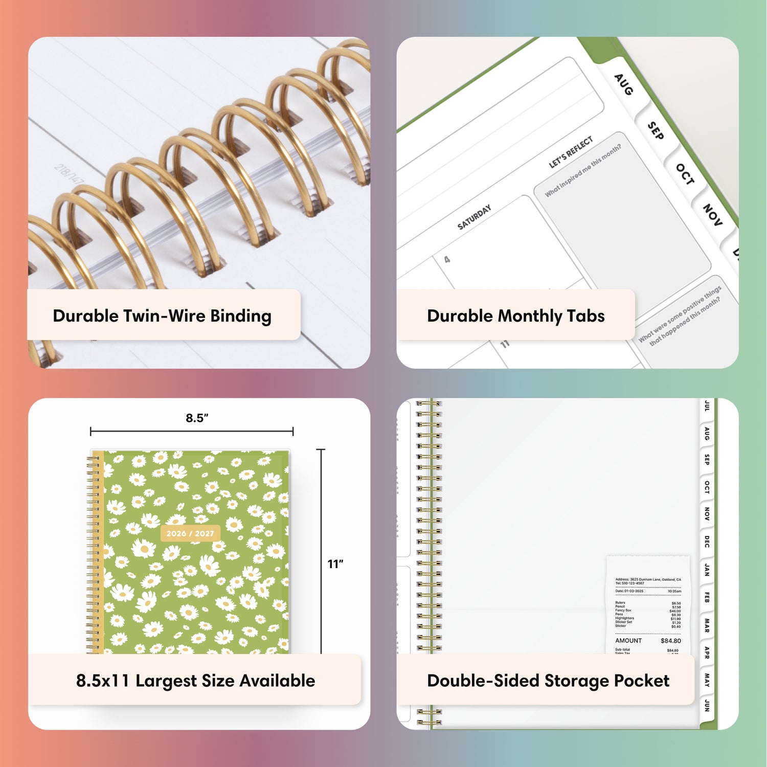 Collage of a planner with features highlighted, including durable twin-wire binding, special resources tab, and premium paper, laminated monthly tabs