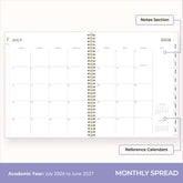 this july 2026 - june 2027 planner features a monthly spread with ample writing space for each day, monthly reference calendar, sections for note taking, bullet points, and check lists.
