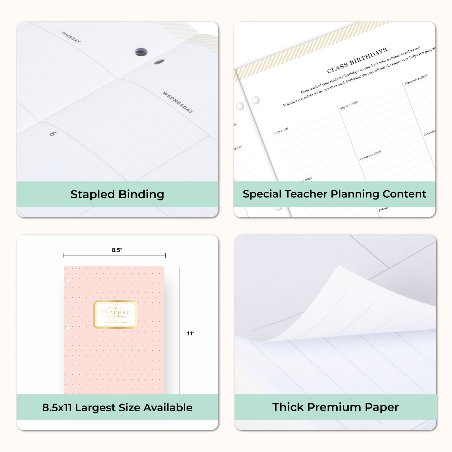 Collage of a planner with features highlighted, 3 hole punched binding, and premium paper, laminated monthly tabs

