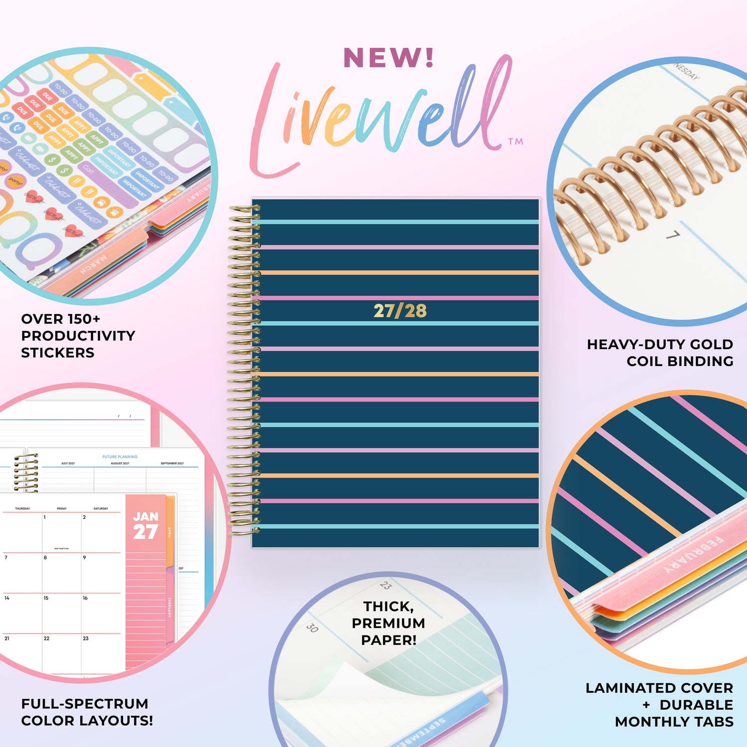 planner featuring bonus content like yearly overview, important dates, holidays, states and capitals, sticker sheets, thick paper and nice coil