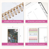 planner features twin wire o binding, monthly tabs, and optimizing planning size