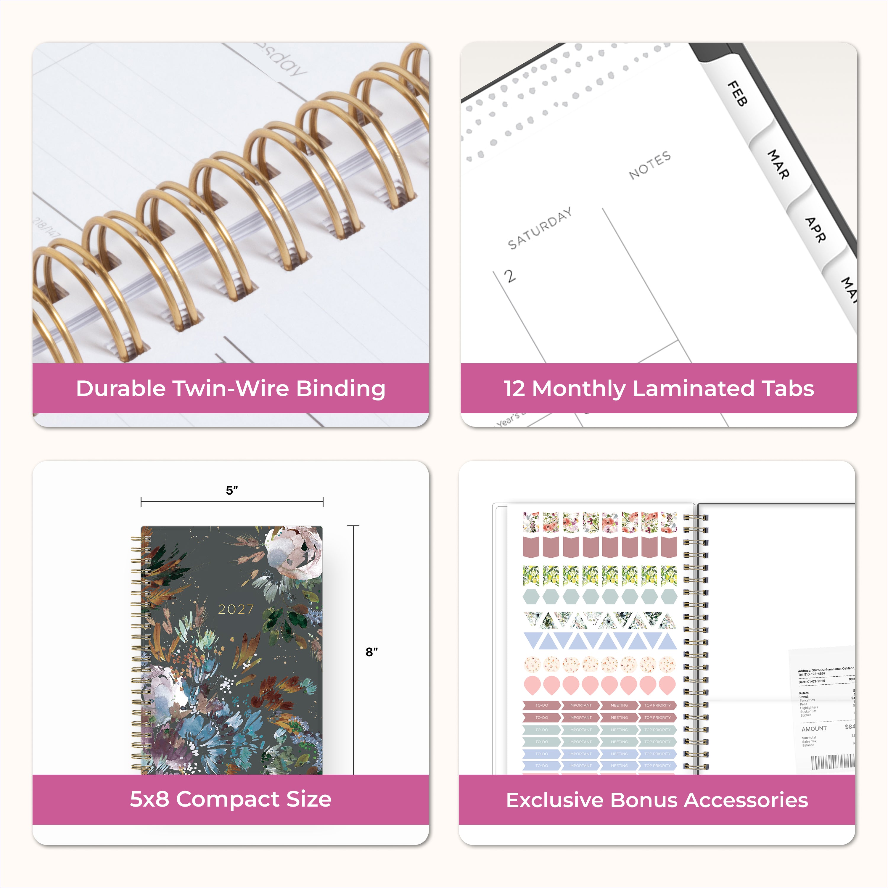 planner features twin wire o binding, monthly tabs, and optimizing planning size