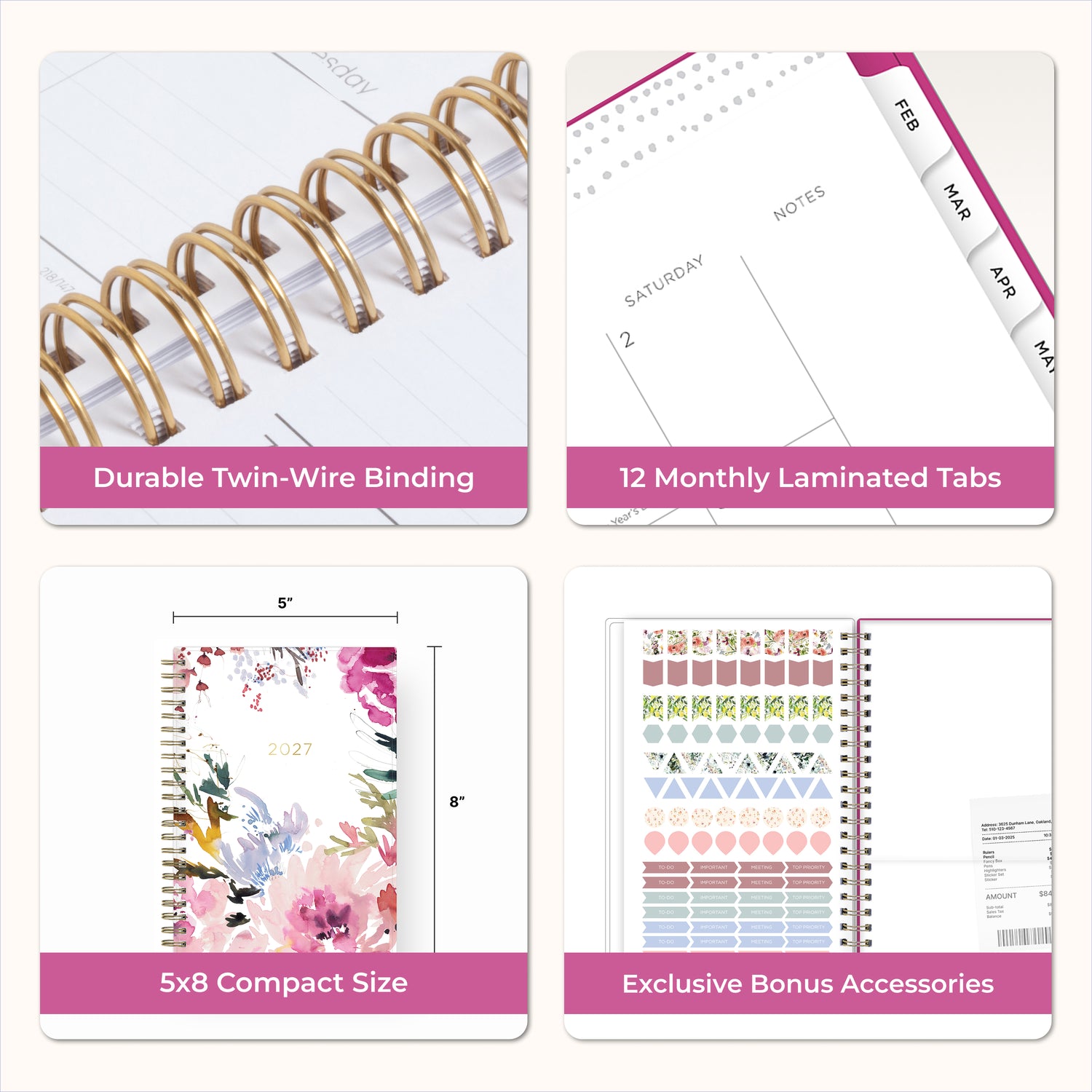 planner features twin wire o binding, monthly tabs, and optimizing planning size