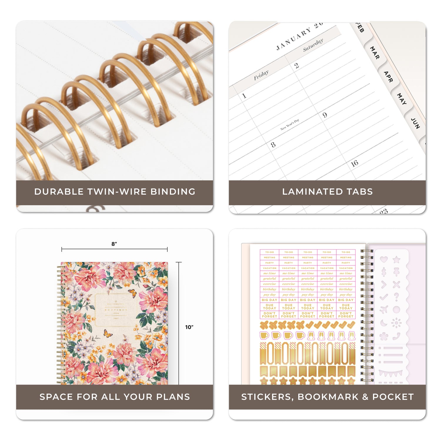 planner features twin wire o binding, monthly tabs, and optimizing planning size