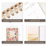 planner features twin wire o binding, monthly tabs, and optimizing planning size