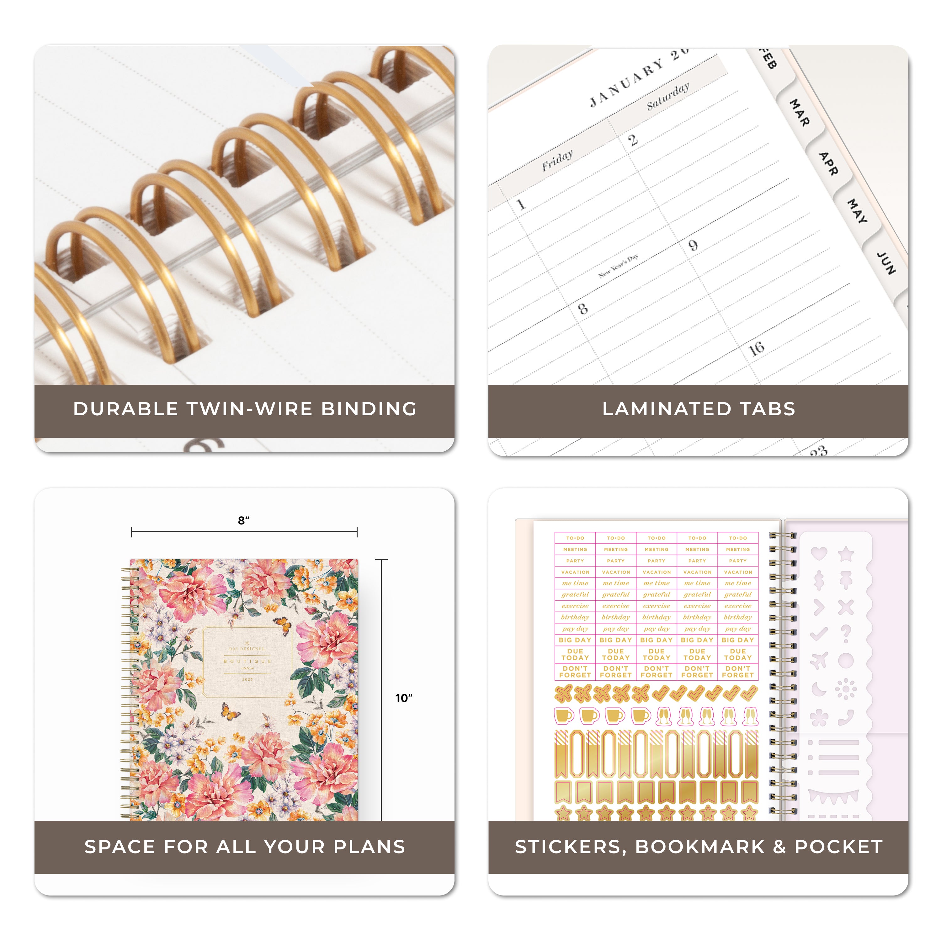 planner features twin wire o binding, monthly tabs, and optimizing planning size