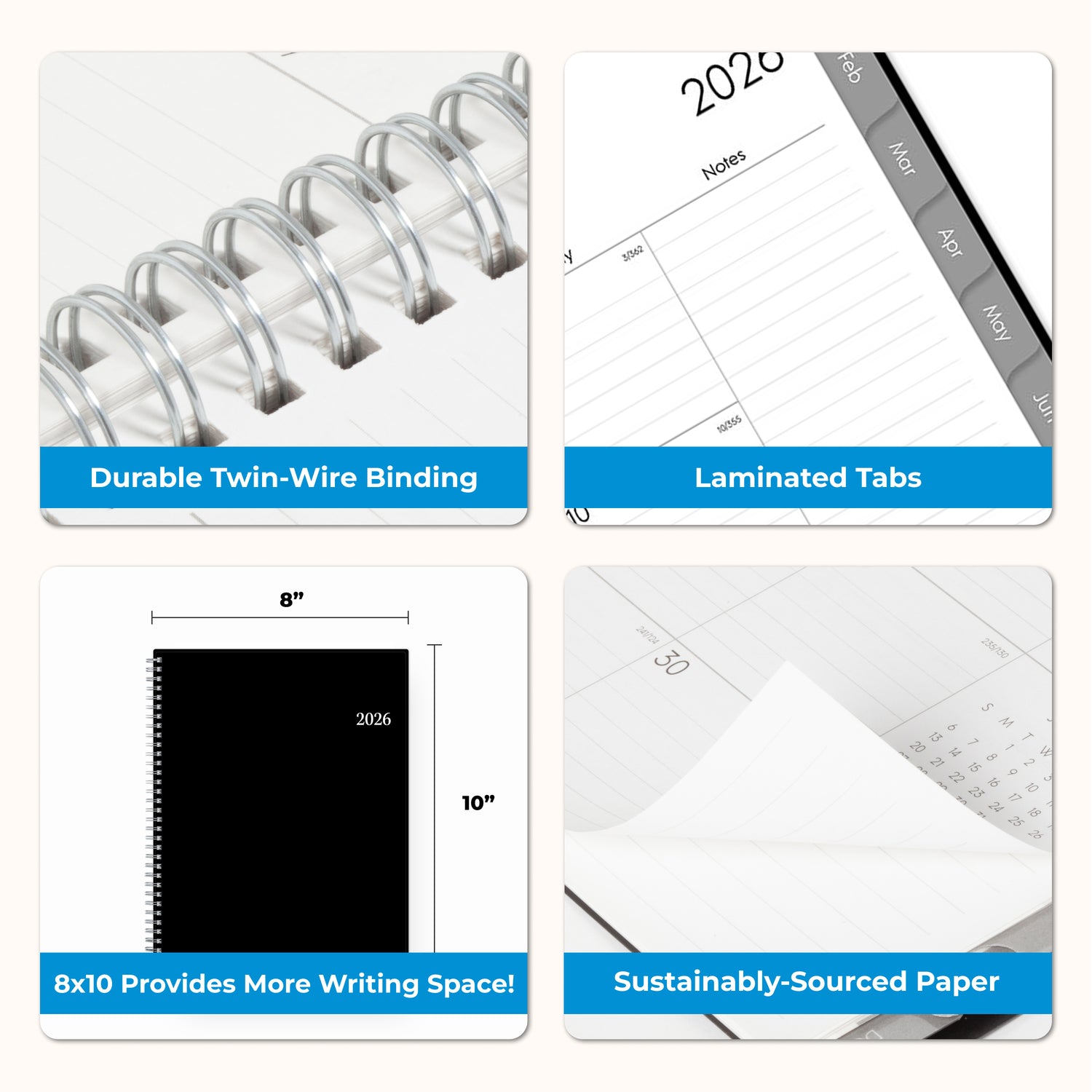 2026 monthly planner featuring lined writing space, notes section, and reference calendars, durable binding, laminated tabs, 8x10