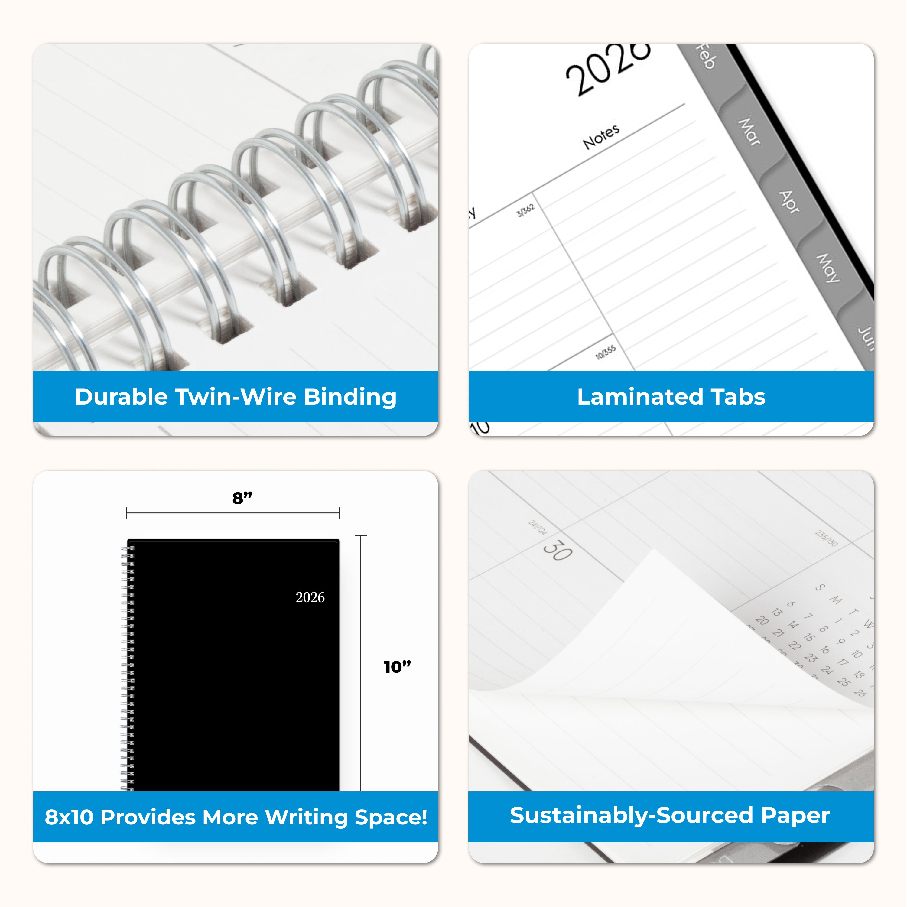2026 monthly planner featuring lined writing space, notes section, and reference calendars, durable binding, laminated tabs, 8x10