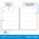 2027 monthly spread featuring ample lined writing space for each date, notes section, reference calendars, and monthly tabs