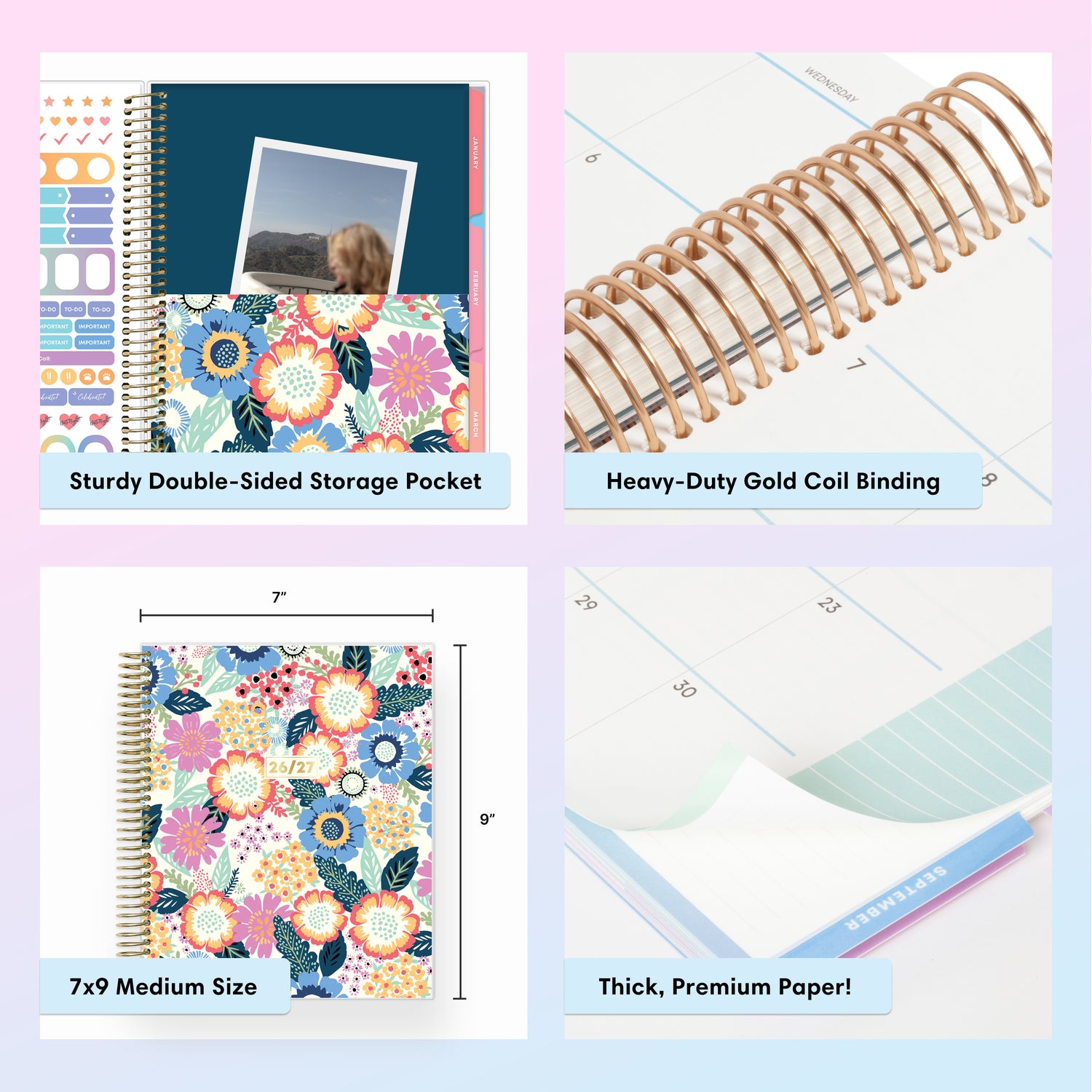 Collage of a planner with features highlighted, including heavy duty coil binding, special resources tab, and premium paper, laminated monthly tabs, sticker sheets
