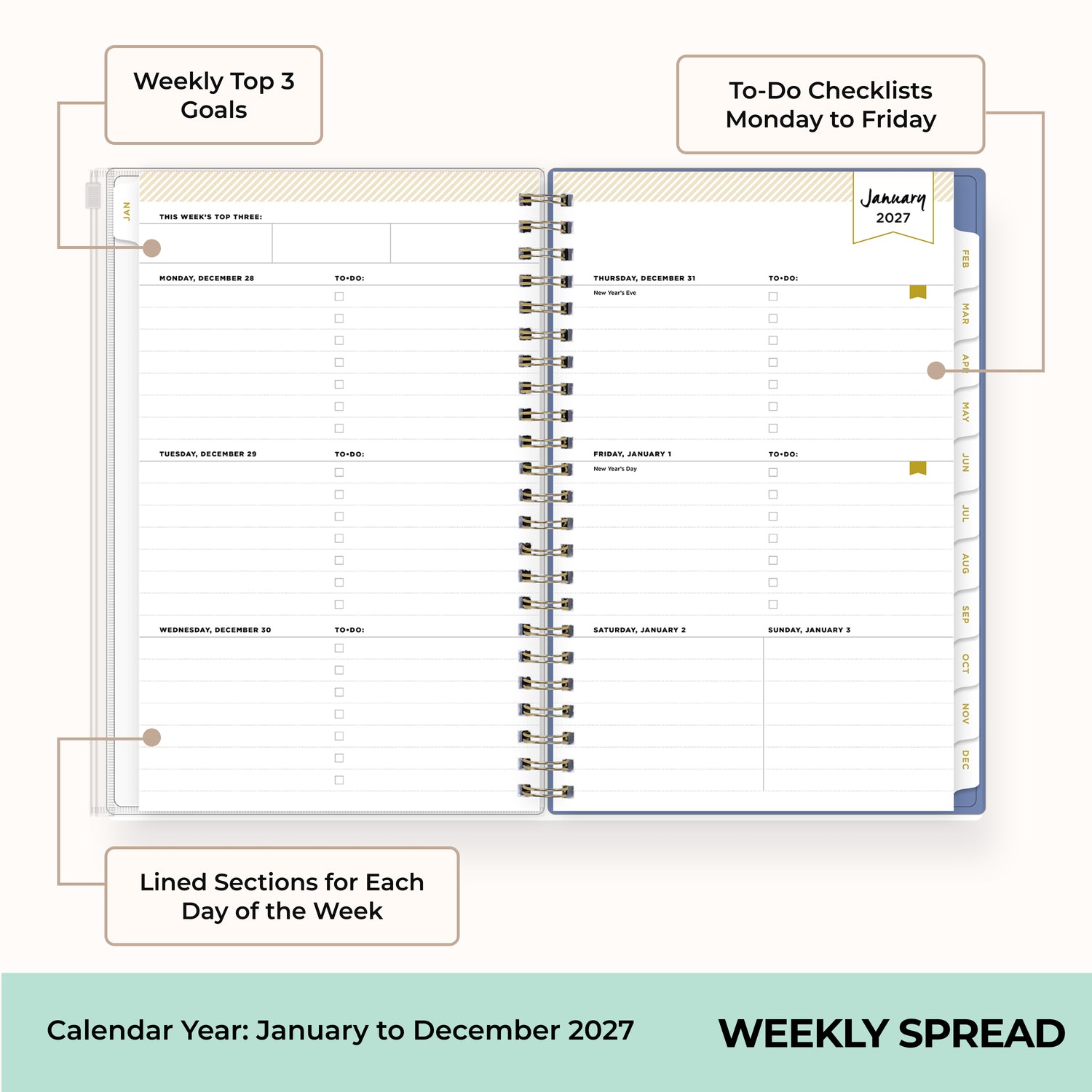 2027 weekly spread features ample lined writing space for to do lists, notes section, reference calendars, bullet points, and monthly tabs