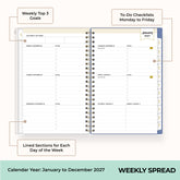2027 weekly spread features ample lined writing space for to do lists, notes section, reference calendars, bullet points, and monthly tabs