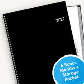 Black spiral-bound planner for 2027 with a storage pocket on a white background