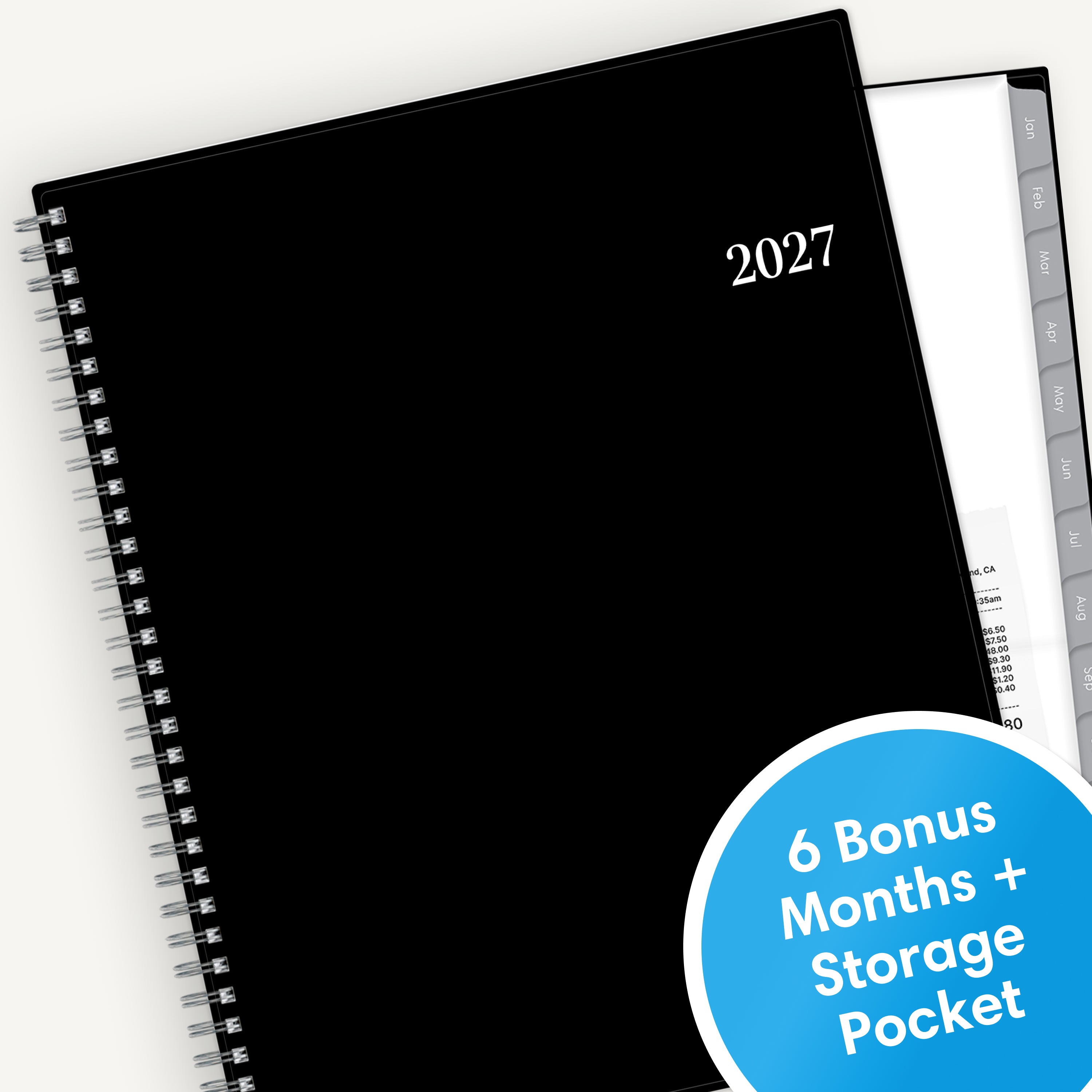 Black spiral-bound planner for 2027 with a storage pocket on a white background