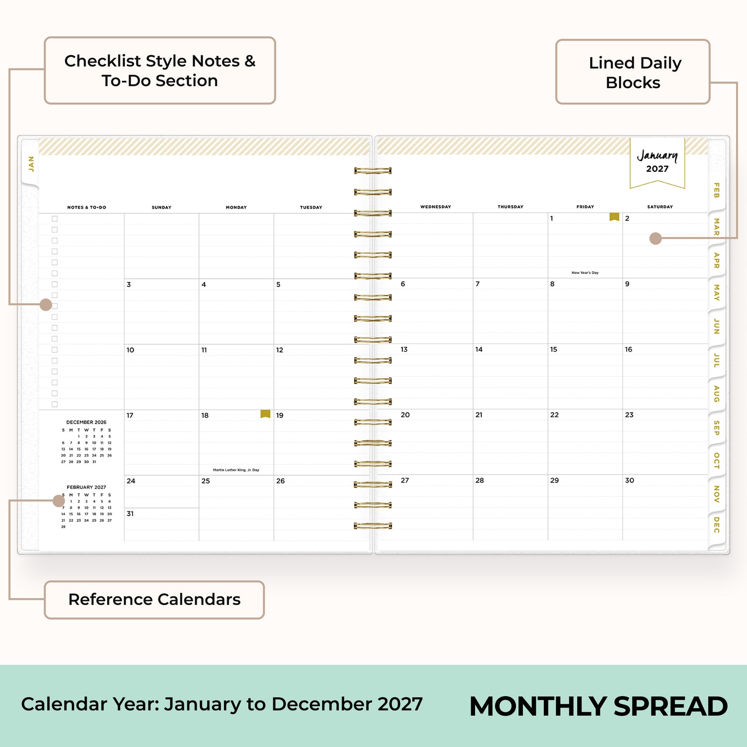 2027 monthly spread featuring ample lined writing space for each date, notes section, reference calendars, and monthly tabs
