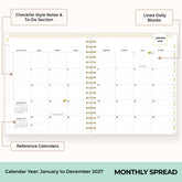 2027 monthly spread featuring ample lined writing space for each date, notes section, reference calendars, and monthly tabs
