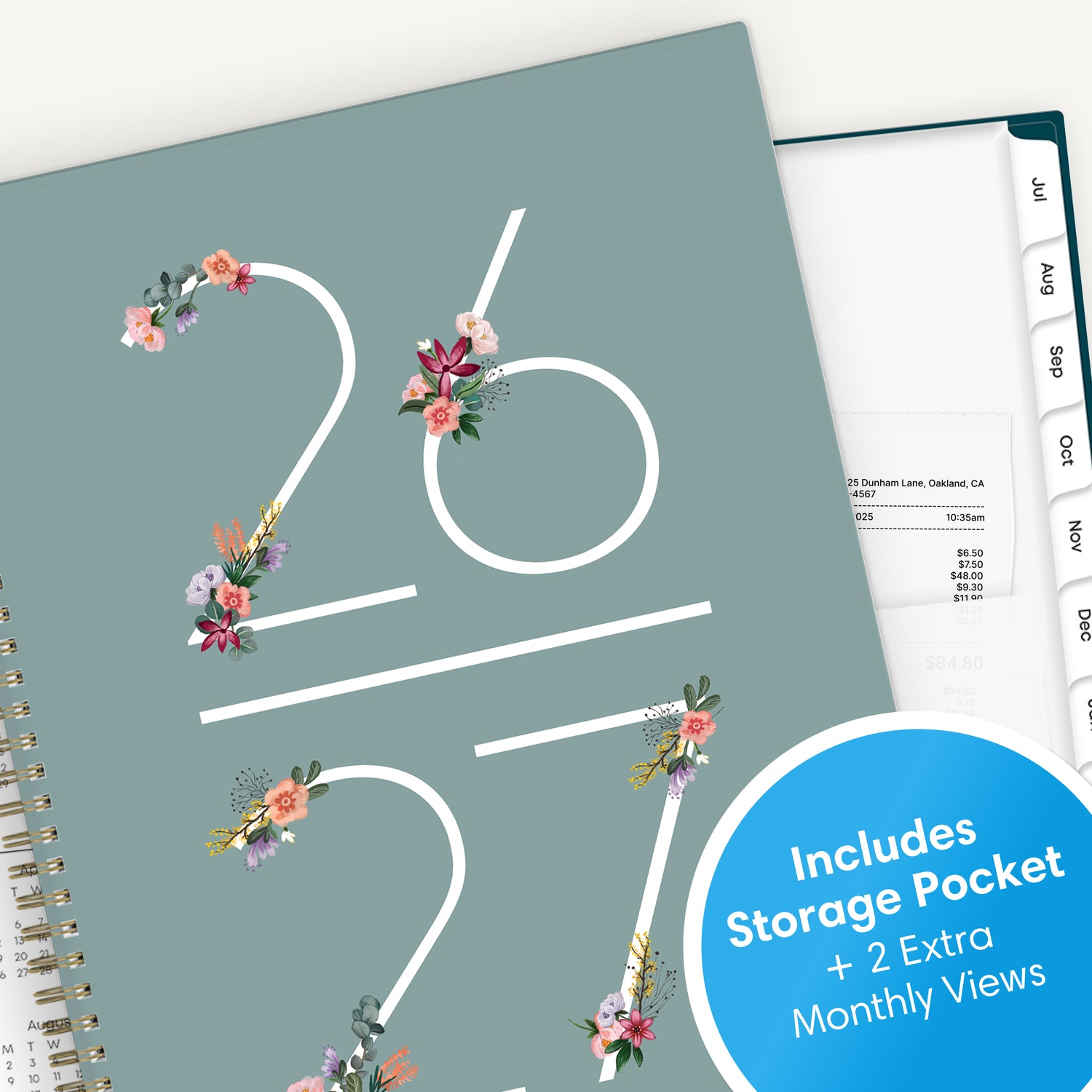 Planner with floral design on cover and storage pocket feature highlighted