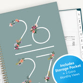 Planner with floral design on cover and storage pocket feature highlighted
