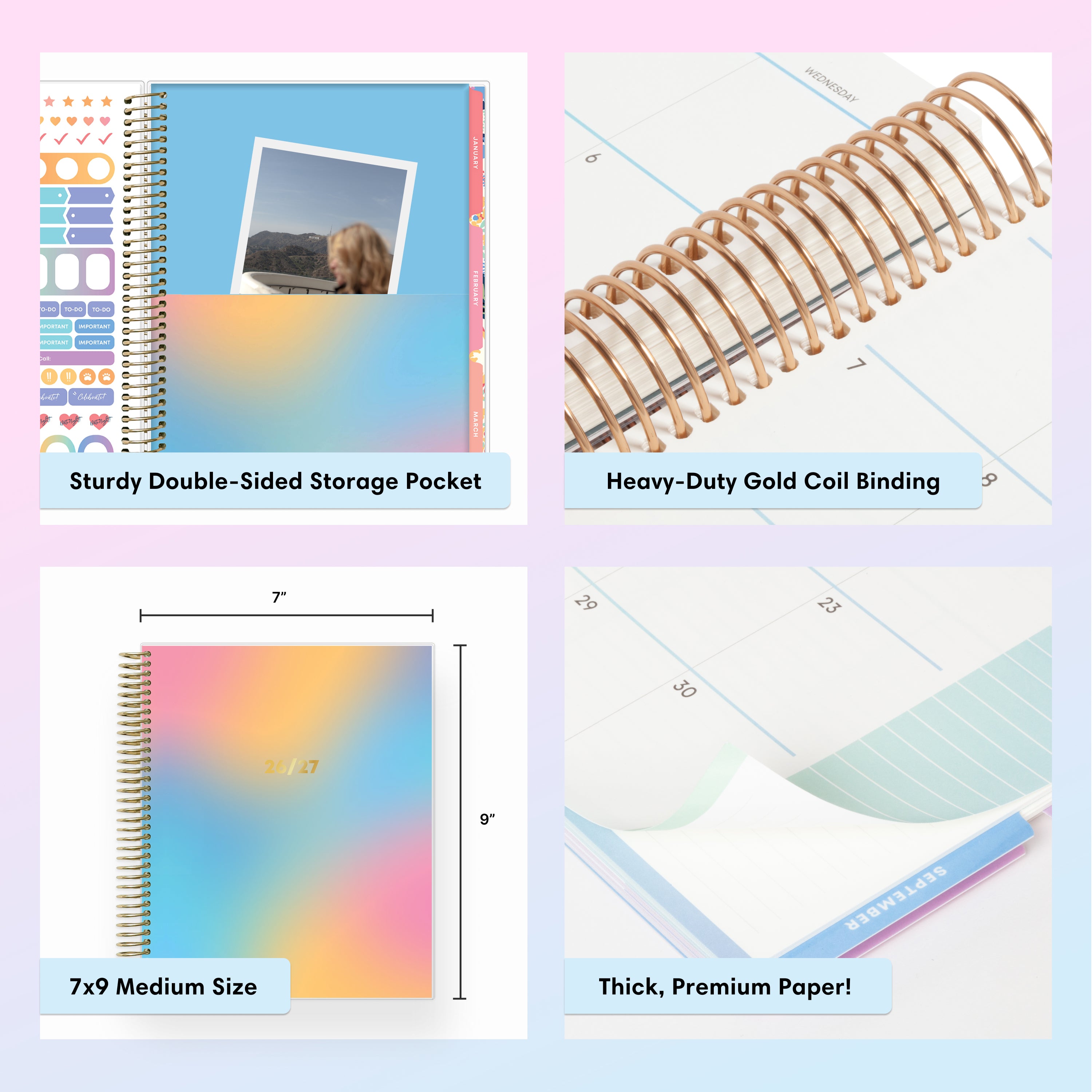 callouts for a sturdy storage pocket, premium coil binding, 7x9 size, and thick paper.