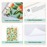 Collage of a planner with features highlighted, including 3 pinched holes for ring binder, 8.5x11 planner size, and thick premium paper.
