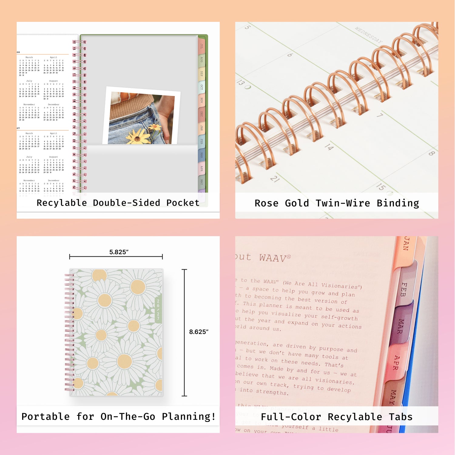 Collage of a planner with features highlighted, including durable twin-wire binding, special resources tab, and premium paper, laminated monthly tabs
