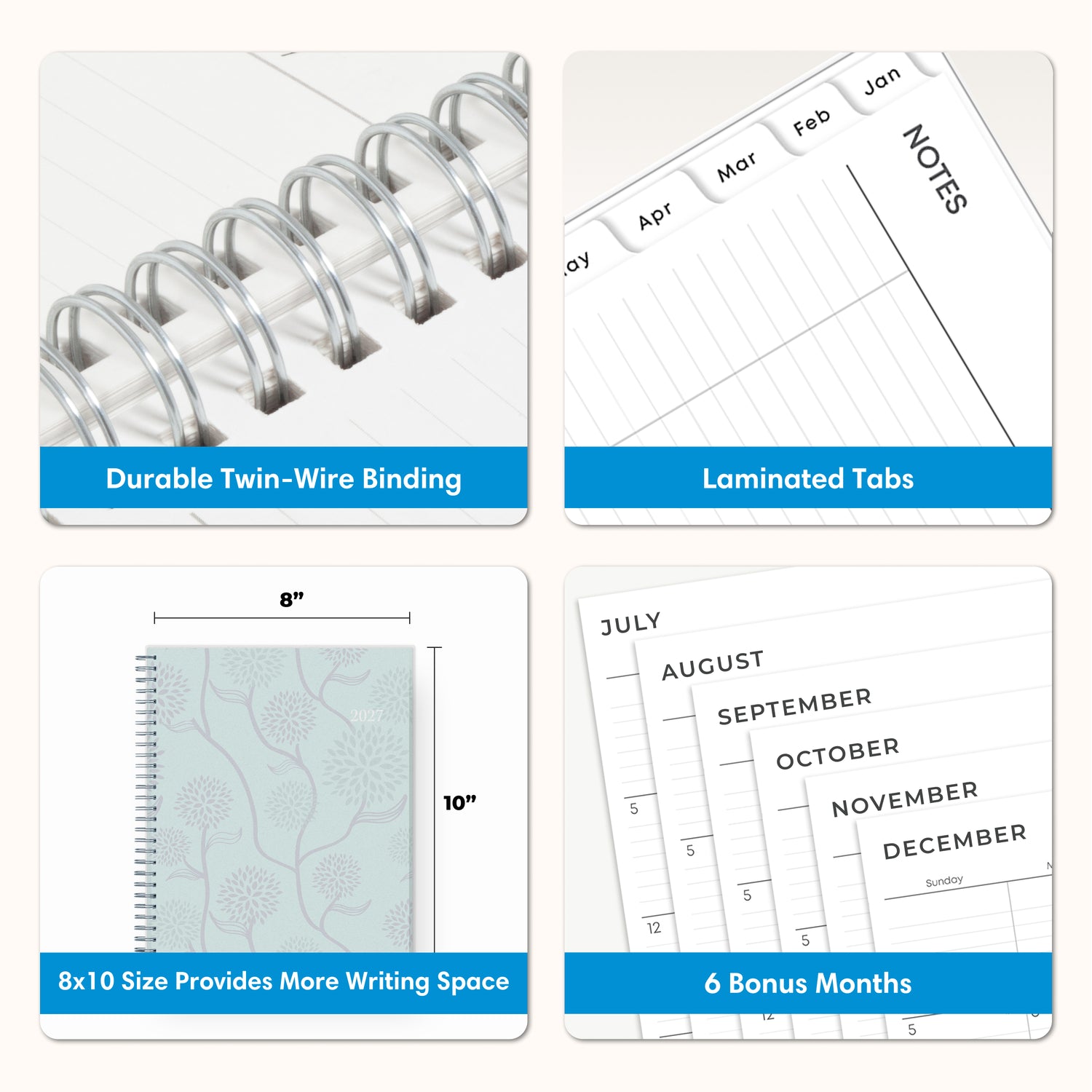 planner features twin wire o binding, monthly tabs, and optimizing planning size