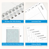 planner features twin wire o binding, monthly tabs, and optimizing planning size