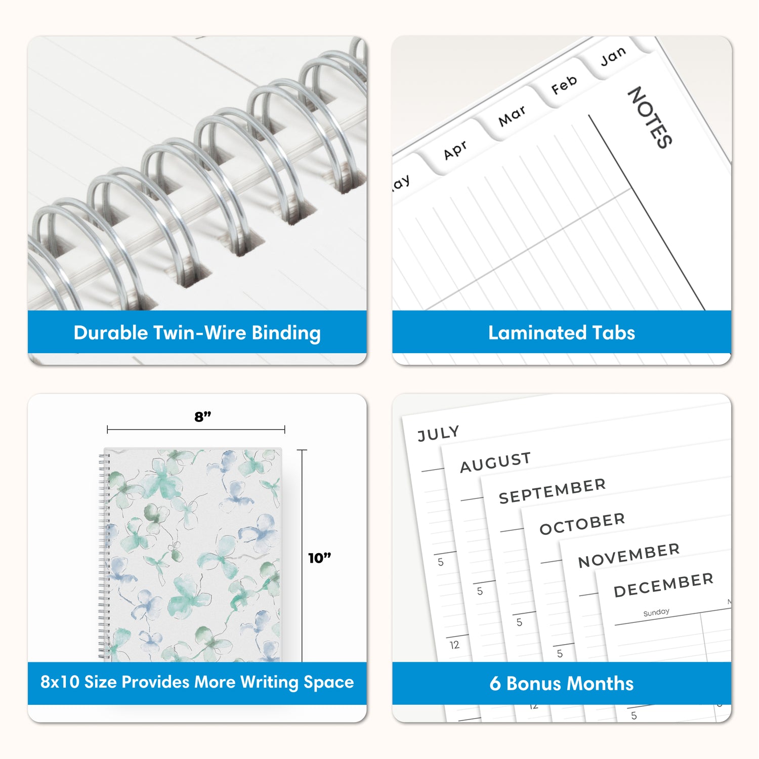 planner features twin wire o binding, monthly tabs, and optimizing planning size