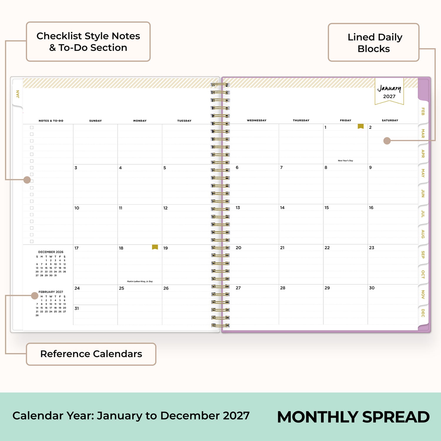 2027 monthly spread featuring ample lined writing space for each date, notes section, reference calendars, and monthly tabs