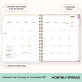 2027 monthly spread featuring ample lined writing space for each date, notes section, reference calendars, and monthly tabs