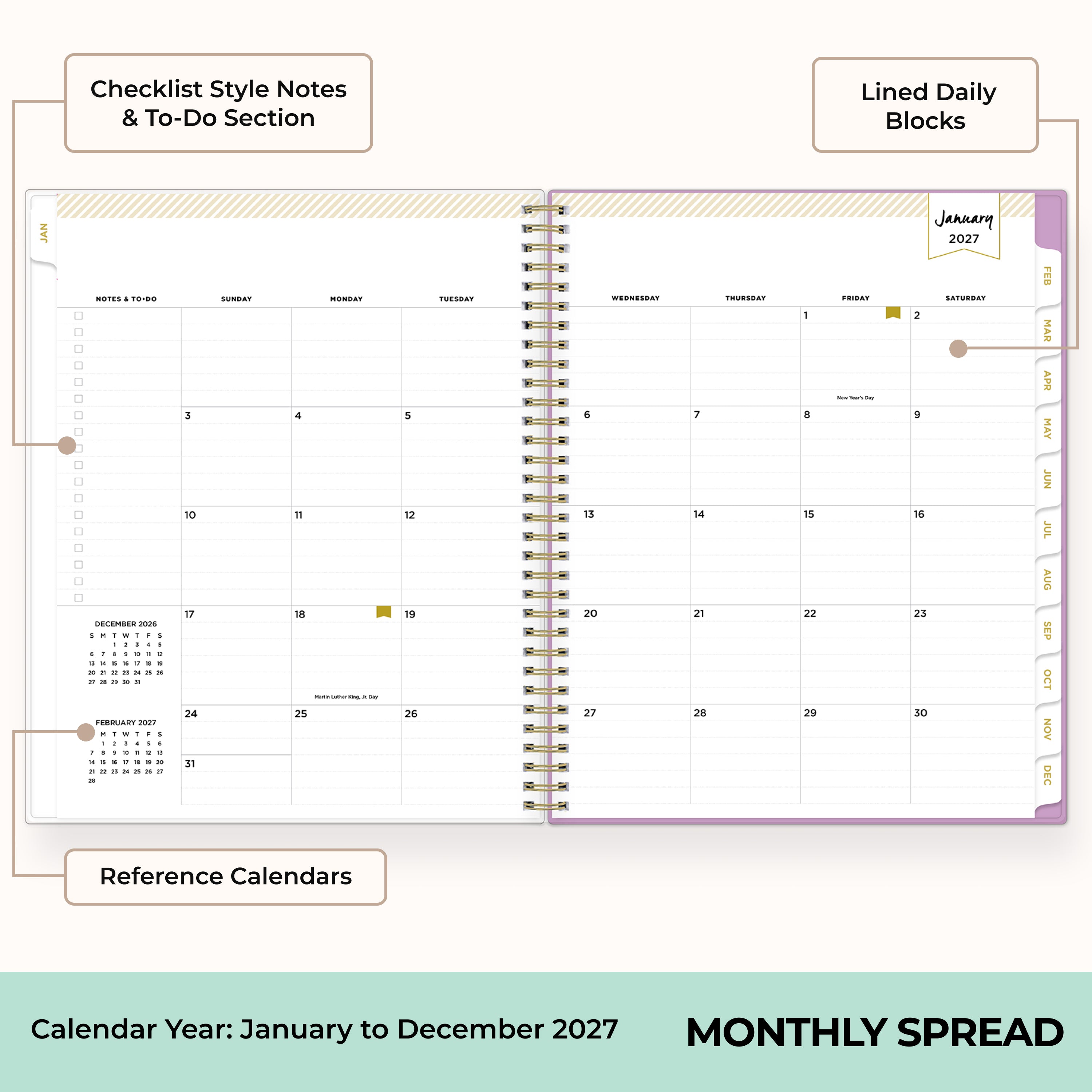 2027 monthly spread featuring ample lined writing space for each date, notes section, reference calendars, and monthly tabs