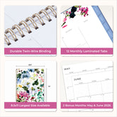 Collage of a planner with features highlighted, including durable twin-wire binding, special resources tab, and premium paper, laminated monthly tabs
