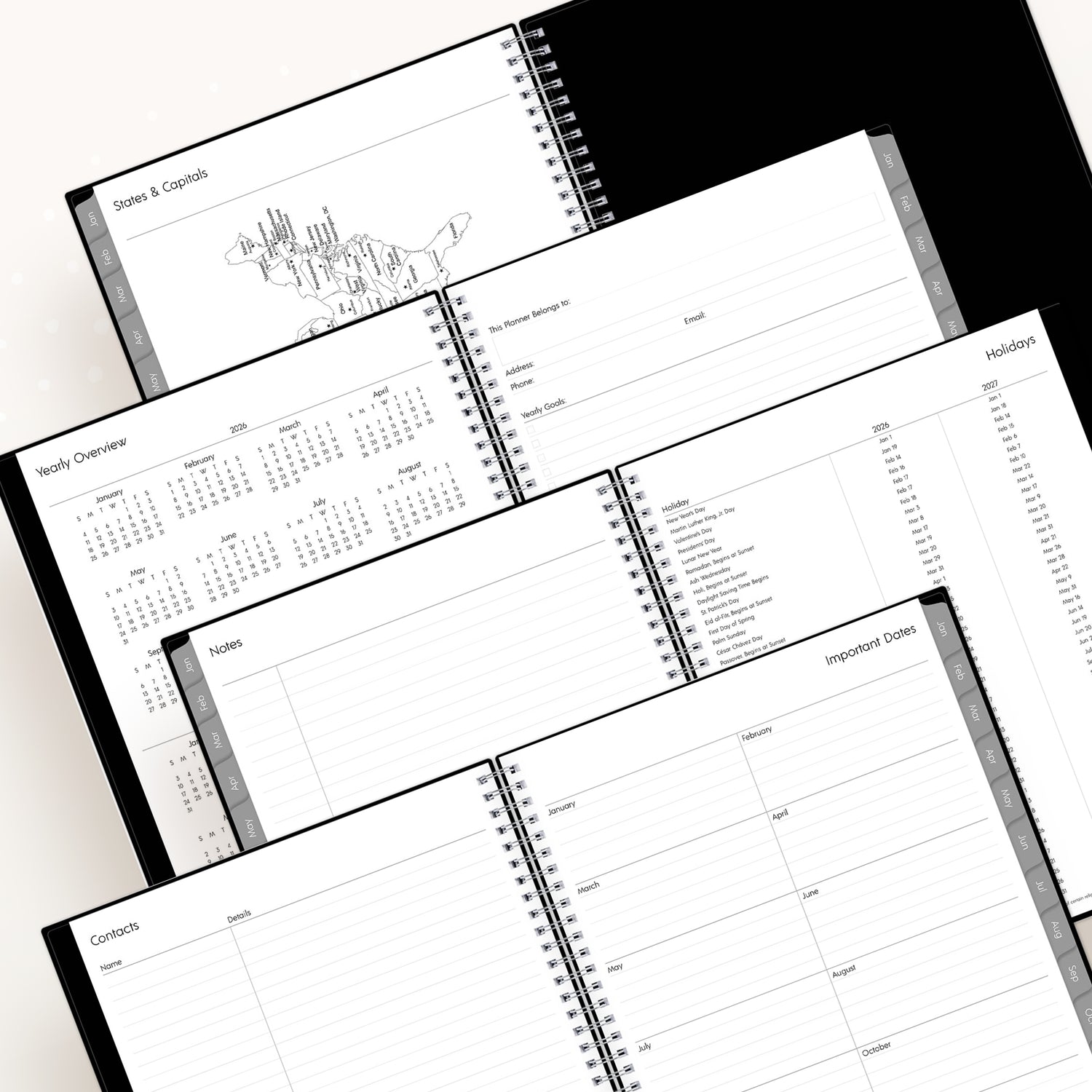 map of USA, yearly overview, notes section, and contact pages