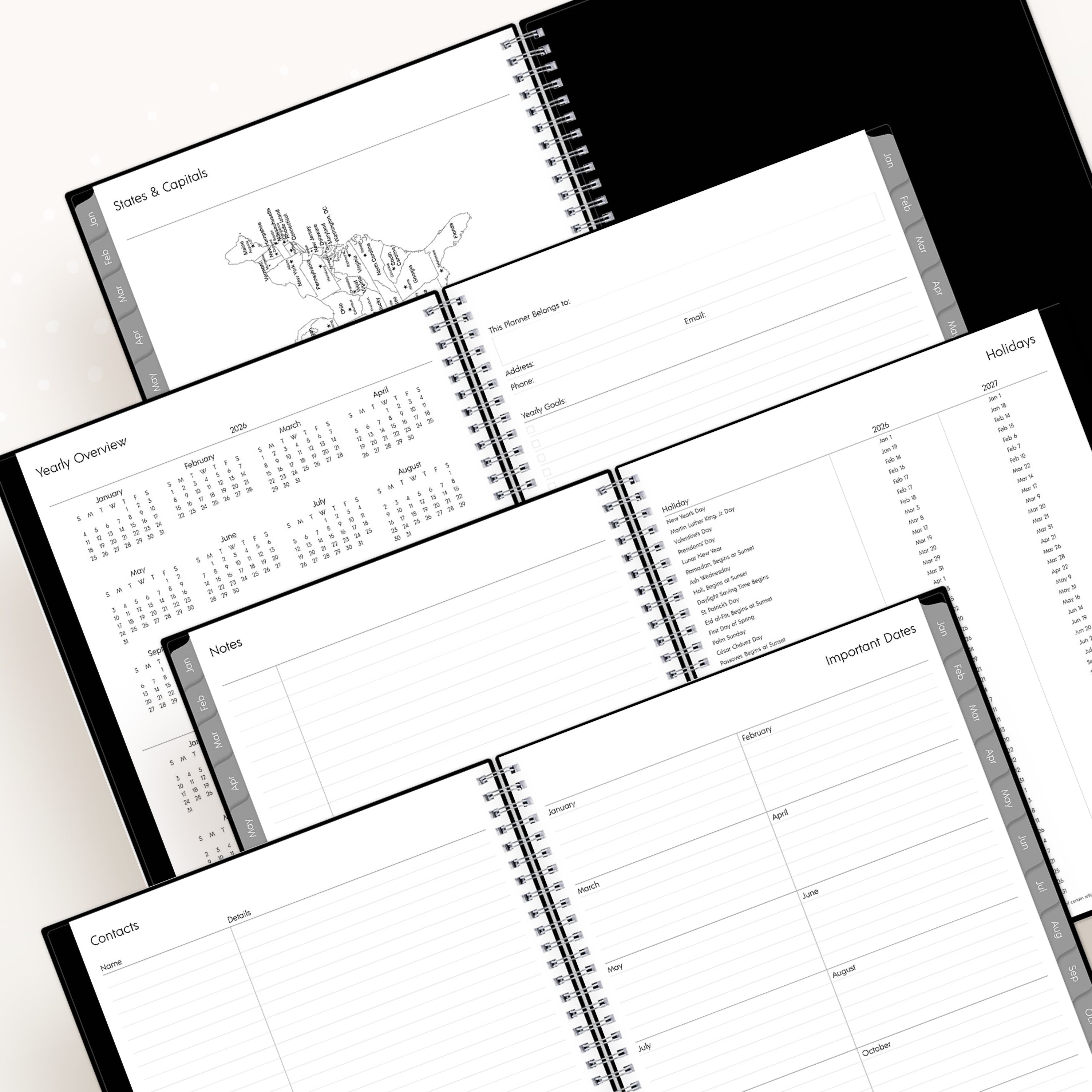 map of USA, yearly overview, notes section, and contact pages