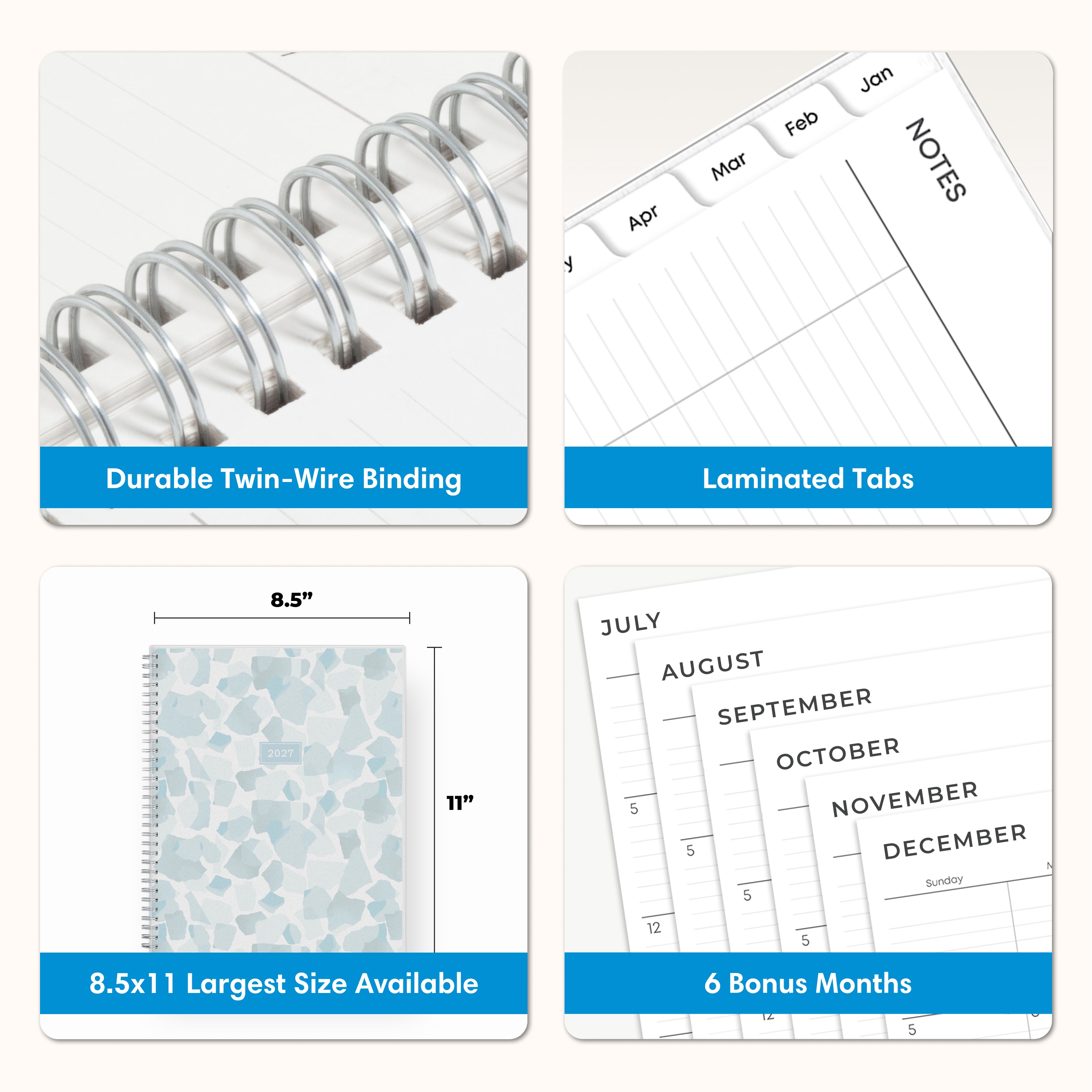 planner features twin wire o binding, monthly tabs, and optimizing planning size