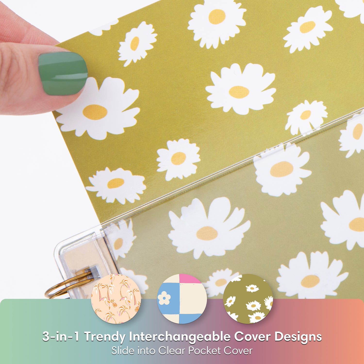this planner comes with three different cover designs, palm trees, checkered, or sunflowers.