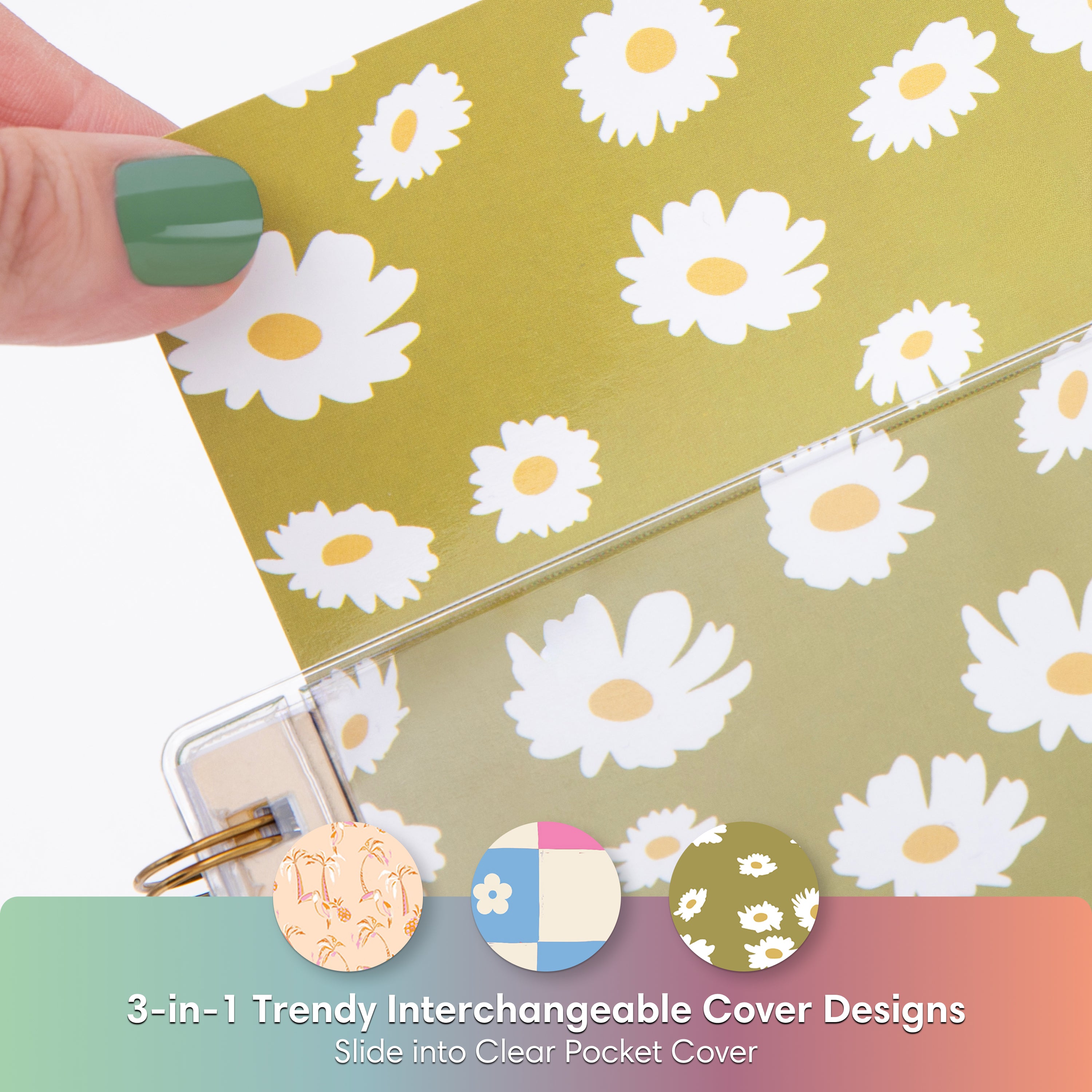 this planner comes with three different cover designs, palm trees, checkered, or sunflowers.