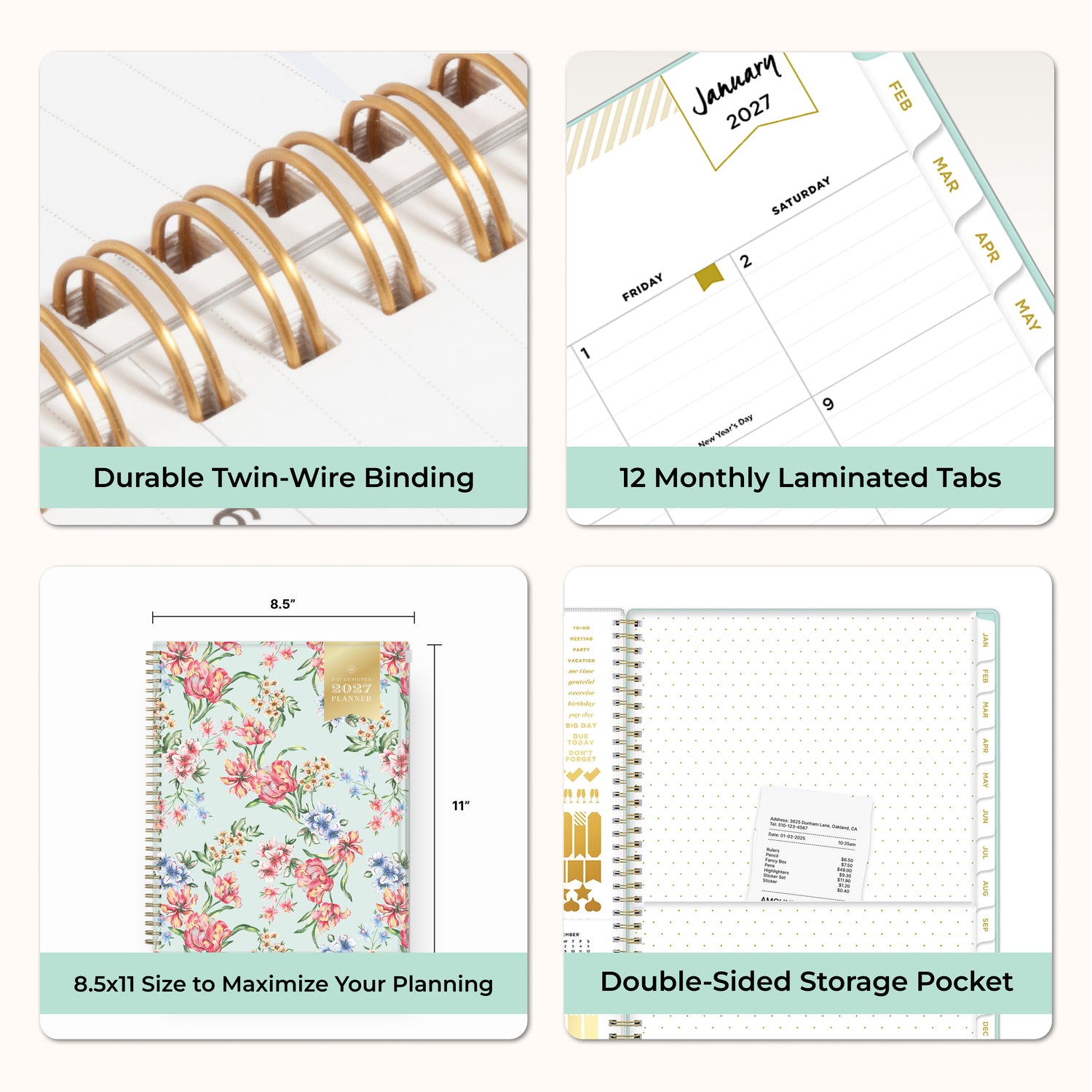 planner features twin wire o binding, monthly tabs, and optimizing planning size