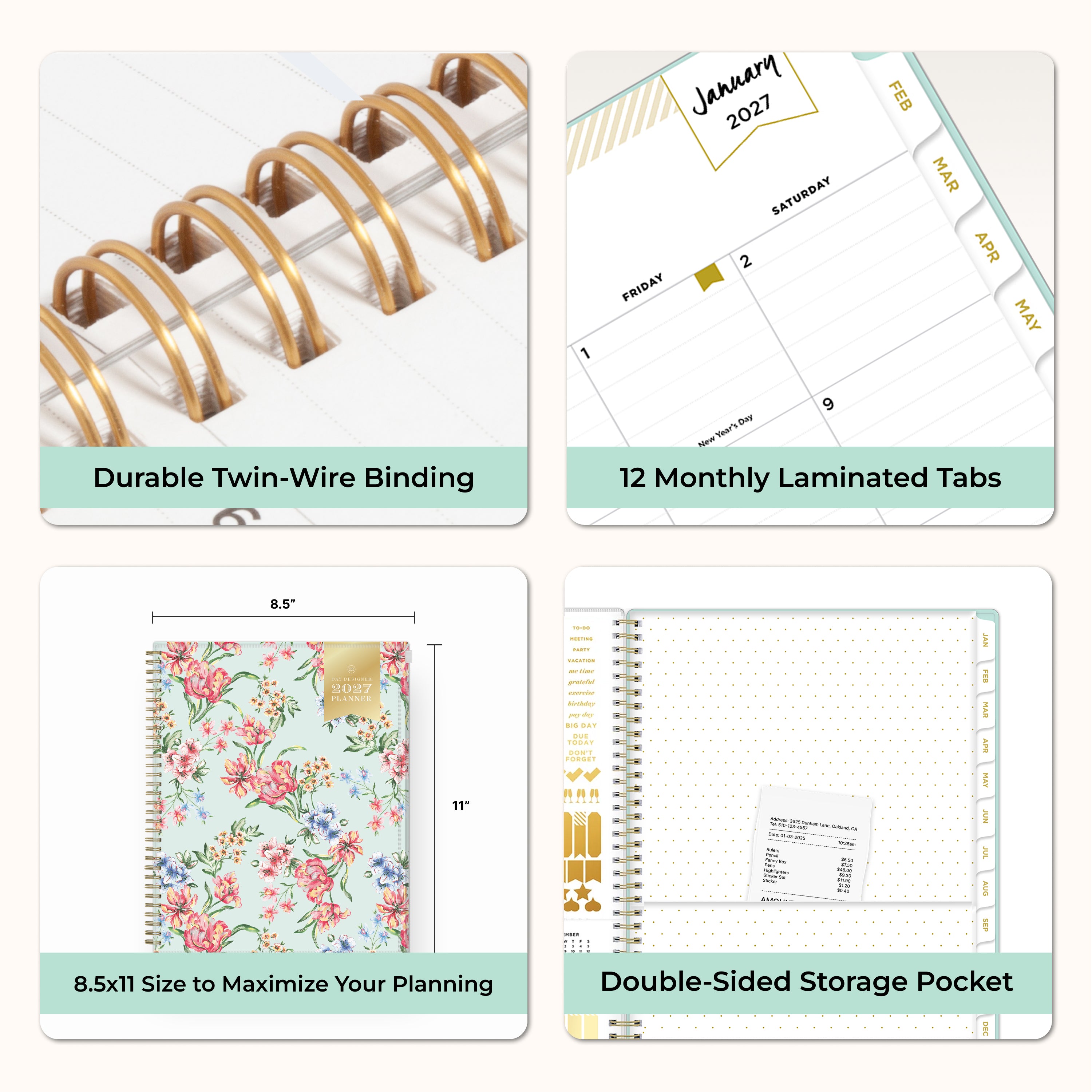 planner features twin wire o binding, monthly tabs, and optimizing planning size