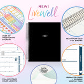 planner featuring bonus content like yearly overview, important dates, holidays, states and capitals, sticker sheets, thick paper and nice coil