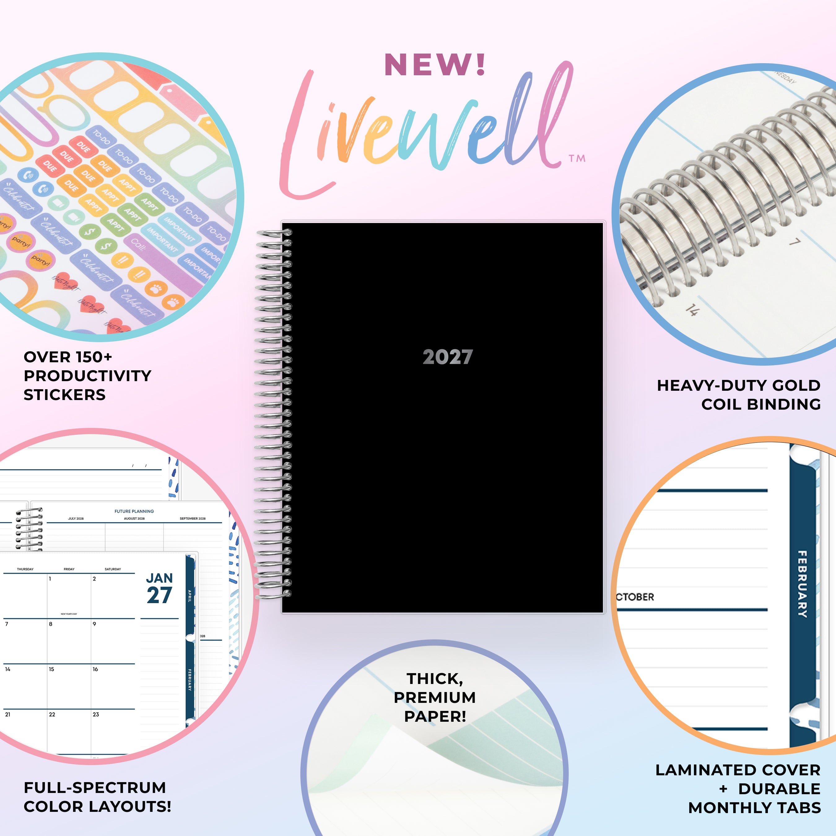 planner featuring bonus content like yearly overview, important dates, holidays, states and capitals, sticker sheets, thick paper and nice coil