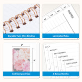 planner features twin wire o binding, monthly tabs, and optimizing planning size