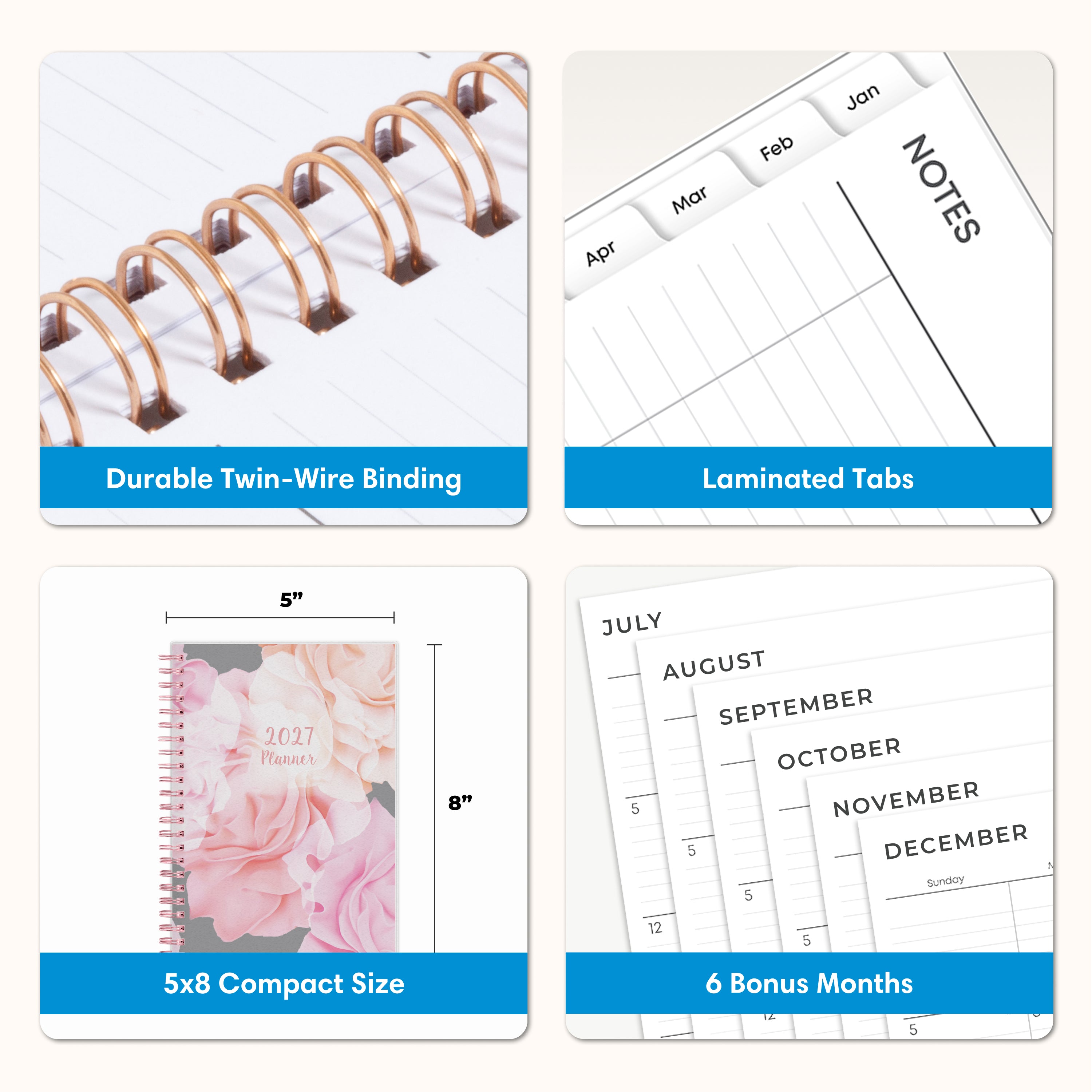 planner features twin wire o binding, monthly tabs, and optimizing planning size