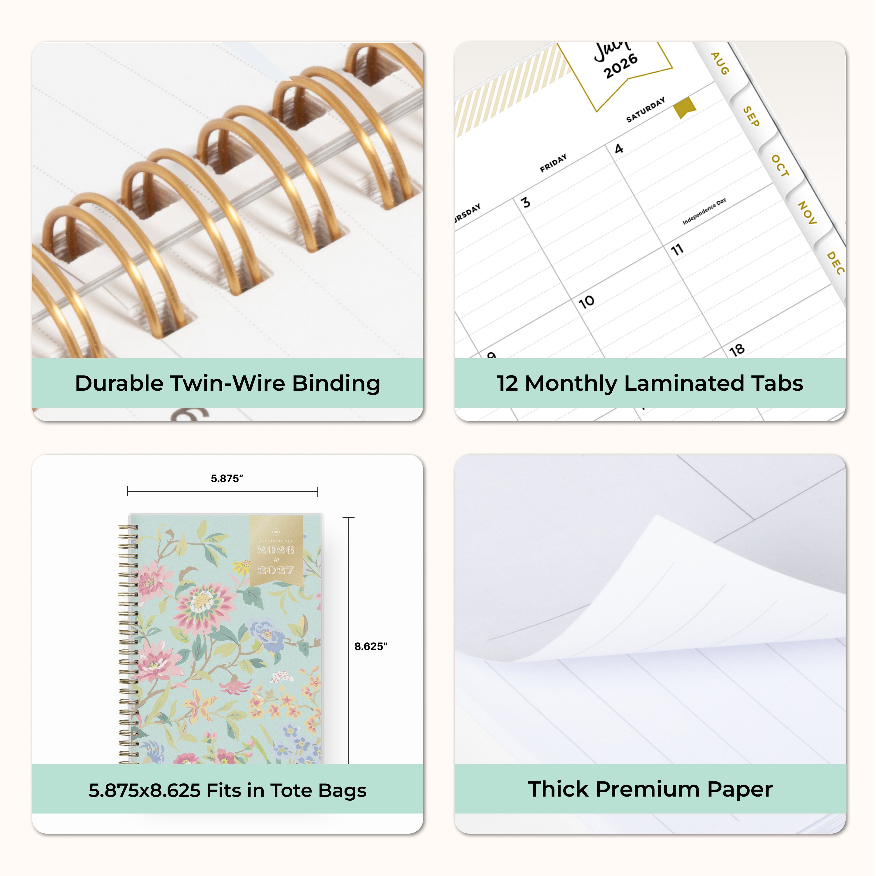 Calendar planner with features highlighted on a white background like gold twin wire o binding, laminated tabs, bonus months