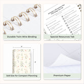planner features twin wire o binding, monthly tabs, and optimizing planning size