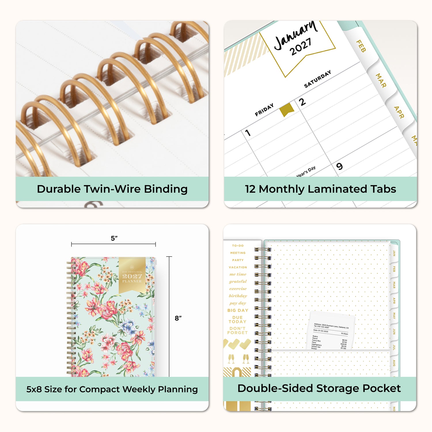 planner features twin wire o binding, monthly tabs, and optimizing planning size