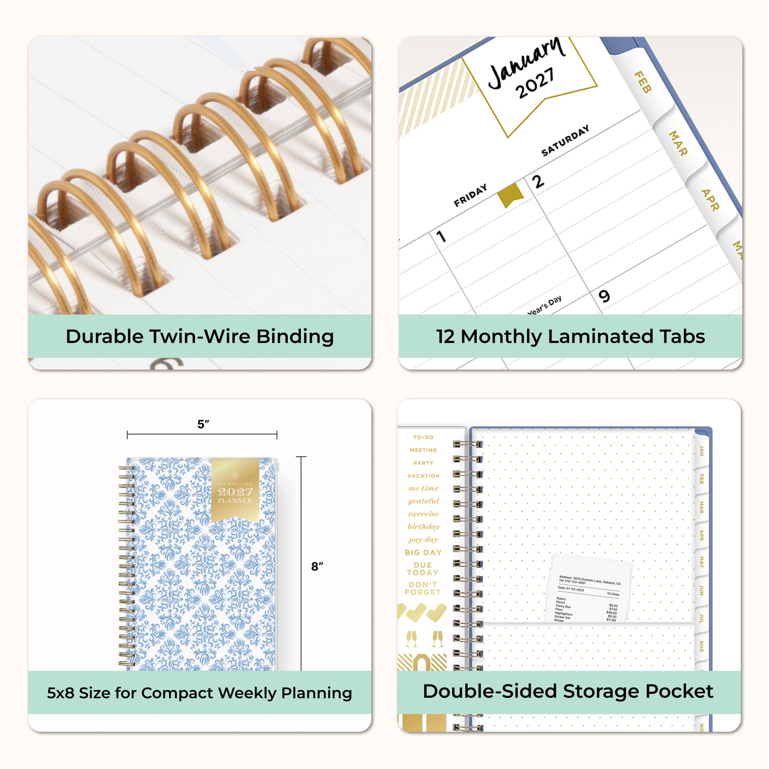 planner features twin wire o binding, monthly tabs, and optimizing planning size