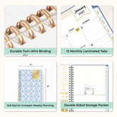planner features twin wire o binding, monthly tabs, and optimizing planning size